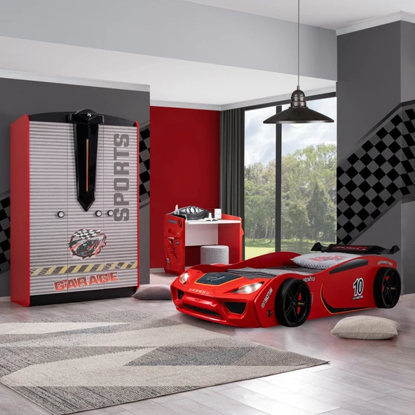 Çocuk Odası - Vento Arabalı Yatak - Sport 3 Kapılı Dolap, Masa - Kırmızı