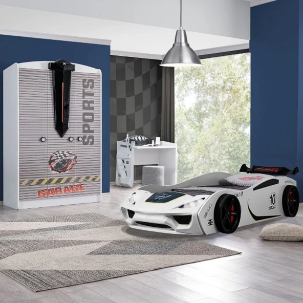 Çocuk Odası - Vento Arabalı Yatak - Sport 3 Kapılı Dolap, Masa - Beyaz