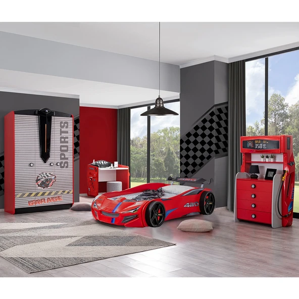 Çocuk Odası - Jaguar Rüzgarlıklı Arabalı Yatak - Sport 3 Kapılı Dolap, Masa, Şifonyer - Kırmızı
