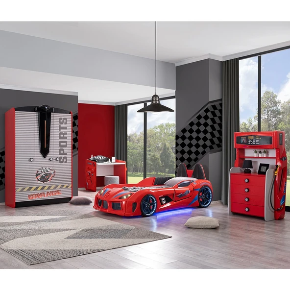 Çocuk Odası - Audi Koltuklu Arabalı Yatak - Sport 3 Kapılı Dolap, Masa, Şifonyer- Kırmızı