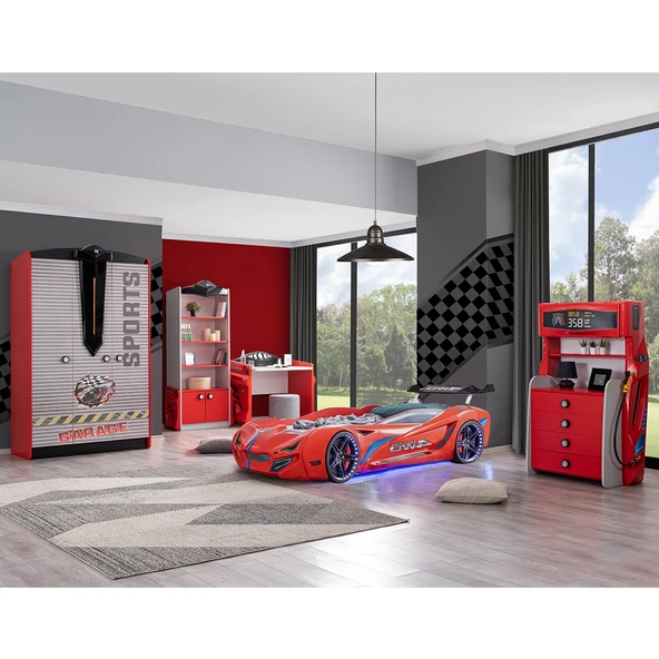 Çocuk Odası - Mercedes Arabalı Yatak - Sport 3 Kapılı Dolap, Masa, Şifonyer, Kitaplık - Kırmızı