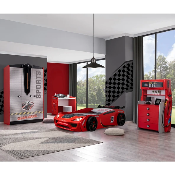 Çocuk Odası - Vento Arabalı Yatak - Sport 3 Kapılı Dolap, Masa, Şifonyer, Kitaplık - Kırmızı