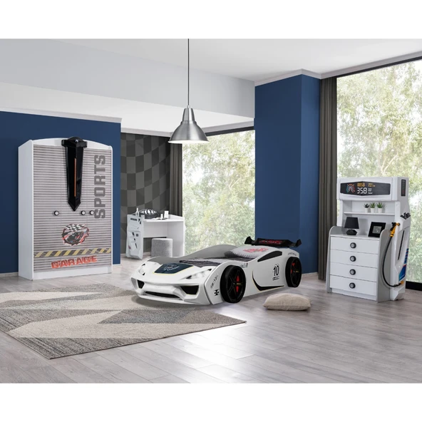 Çocuk Odası - Vento Arabalı Yatak - Sport 3 Kapılı Dolap, Masa, Şifonyer - Beyaz