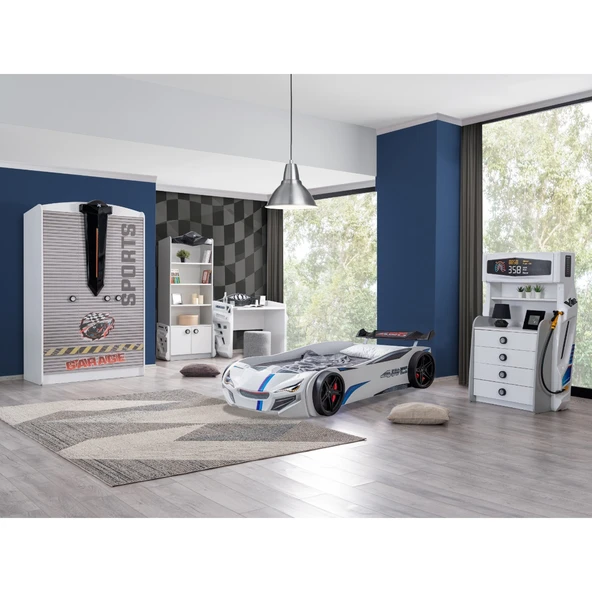 Çocuk Odası - Merso Arabalı Yatak, Sports 3 Kapılı Dolap, Masa, Şifonyer, Kitaplık - Beyaz