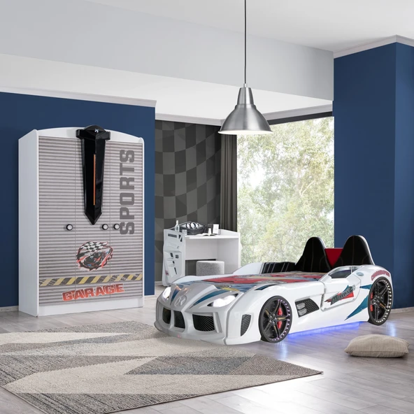 Çocuk Odası - Audi Koltuklu Arabalı Yatak, Sports 3 Kapılı Dolap, Masa - Beyaz
