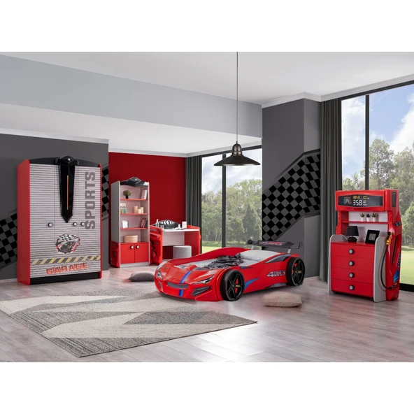 Çocuk Odası - Merso Arabalı Yatak - Sport 3 Kapılı Dolap, Masa, Şifonyer, Kitaplık - Kırmızı