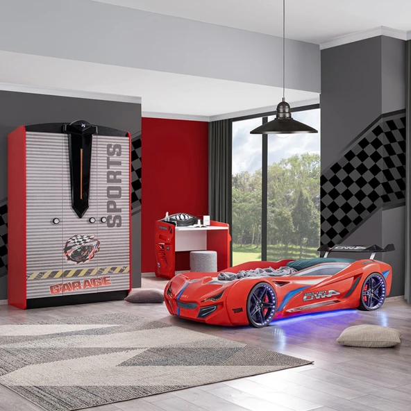 Çocuk Odası - Mercedes Rüzgarlıklı Arabalı Yatak - Sport 3 Kapılı Dolap, Masa - Kırmızı