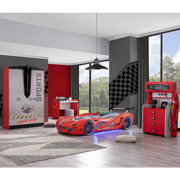 Çocuk Odası - Mercedes Rüzgarlıklı Arabalı Yatak - Sport 3 Kapılı Dolap, Masa, Şifonyer - Kırmızı