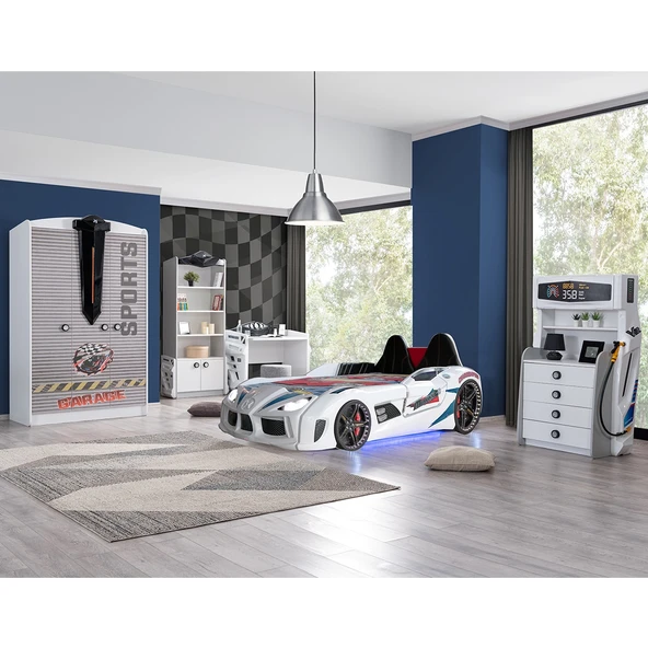 Çocuk Odası - Audi Koltuklu Arabalı Yatak, Sports 3 Kapılı Dolap, Masa, Şifonyer, Kitaplık - Beyaz