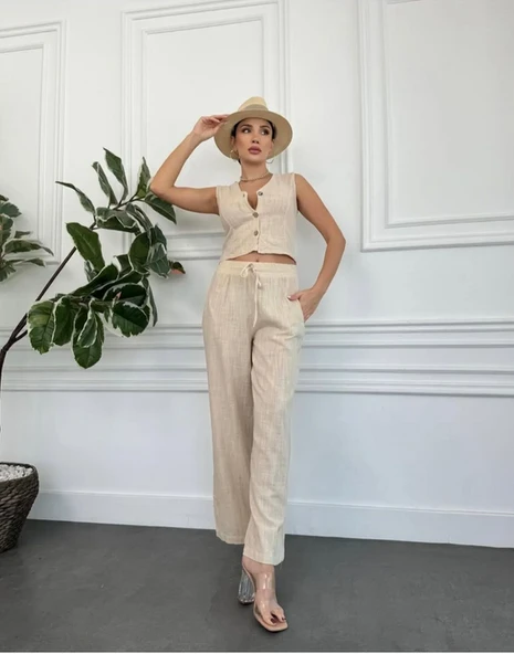 Kadın Keten kumaştan üretilmiş hafif ve nefes alabilen şık yelek - 2