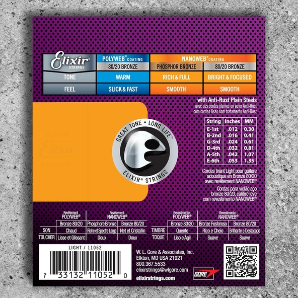 Elixir 11052 Nanoweb 80/20 Bronze Akustik Gitar Teli (12-53) - 2