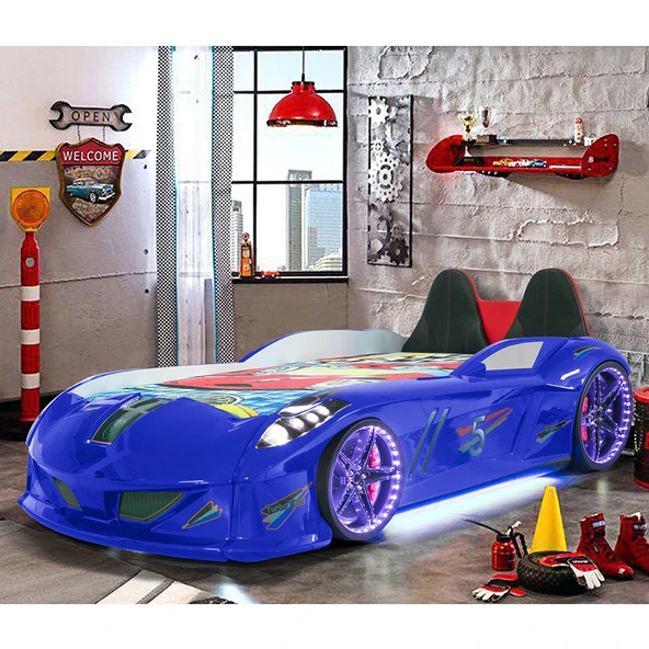 Arabalı Yatak, Jaguar Koltuklu Full Ledli Arabalı Yatak - Mavi