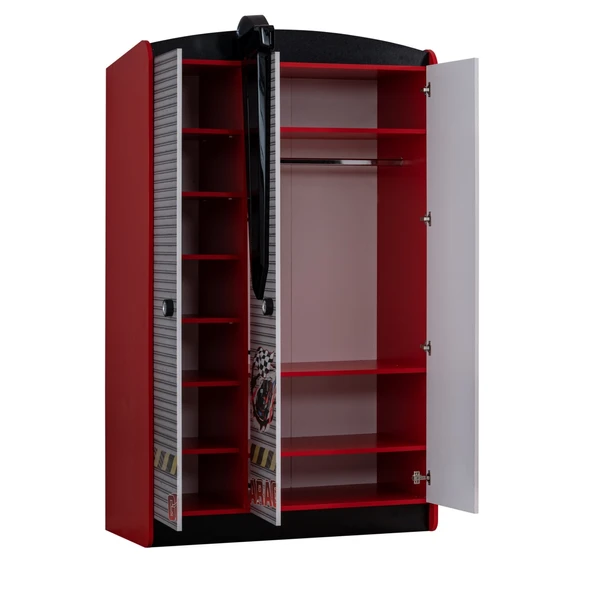 Gardırop, Sports Arabalı Yatak Uyumlu 3 Kapılı Dolap - Kırmızı - 2