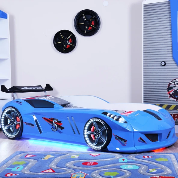 Arabalı Yatak, Jaguar Rüzgarlıklı Full Ledli Arabalı Yatak - Mavi 1 Adet Comfort Yatak - 3