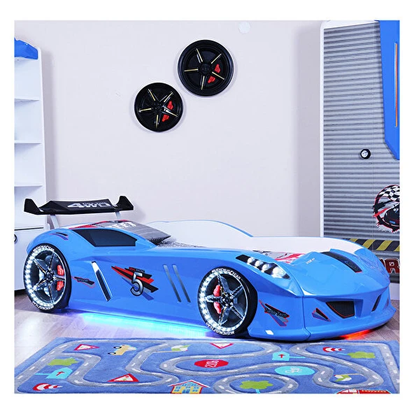 Arabalı Yatak, Jaguar Rüzgarlıklı Full Ledli Arabalı Yatak - Mavi