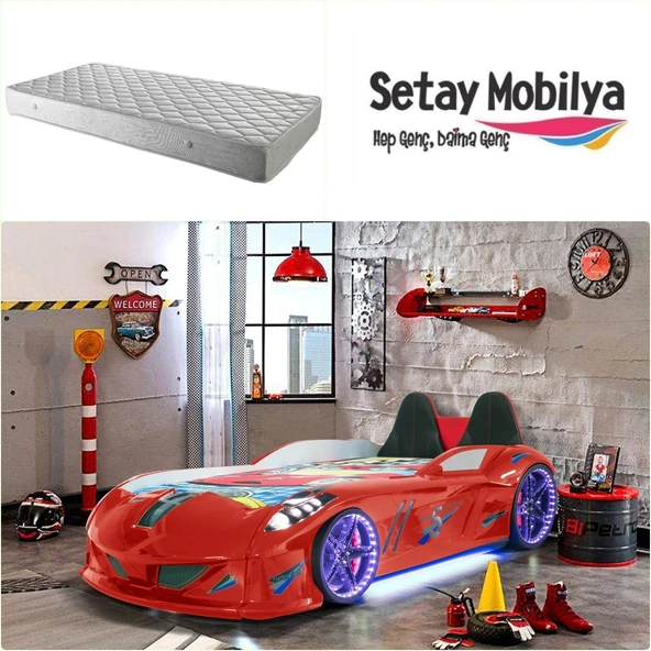 Arabalı Yatak, Jaguar Koltuklu Full Ledli Arabalı Yatak - Kırmızı 1 Adet Comfort Yatak