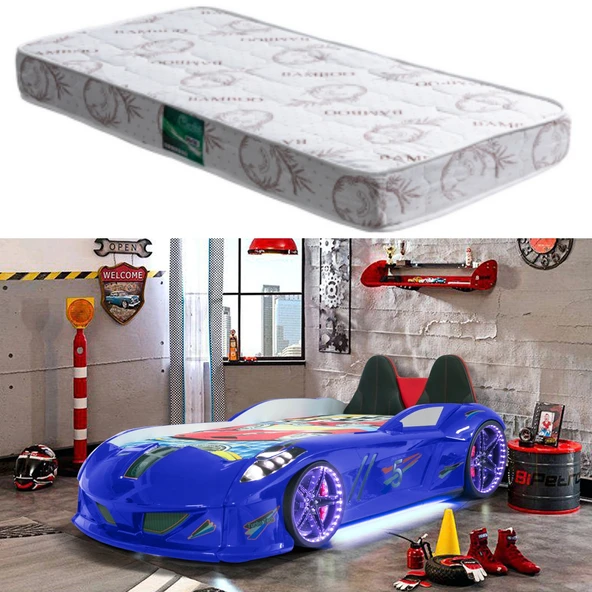 Arabalı Yatak, Jaguar Koltuklu Full Ledli Arabalı Yatak - Mavi 1 Adet Comfort Yatak