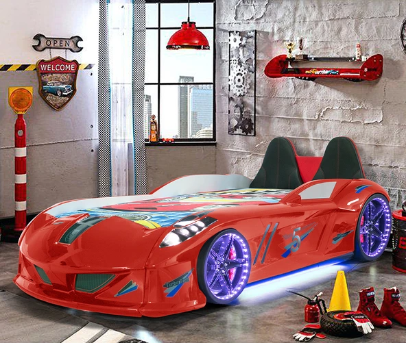 Arabalı Yatak, Jaguar Koltuklu Full Ledli Arabalı Yatak - Kırmızı