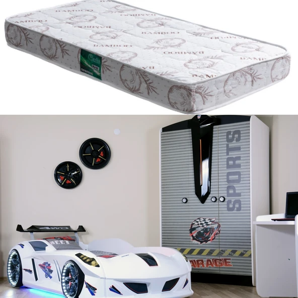 Arabalı Yatak, Jaguar Rüzgarlıklı Full Ledli Arabalı Yatak - Beyaz 1 Adet Comfort Yatak