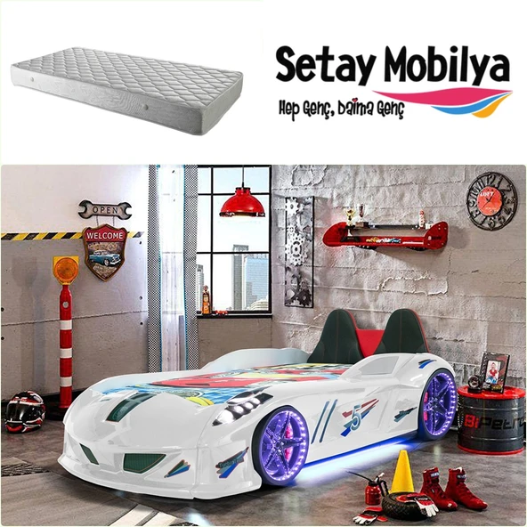 Arabalı Yatak, Jaguar Koltuklu Full Ledli Arabalı Yatak - Beyaz 1 Adet Comfort Yatak