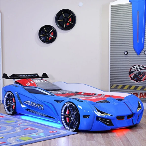Arabalı Yatak, Mercedes Rüzgarlıklı Full Ledli Arabalı Yatak - Mavi