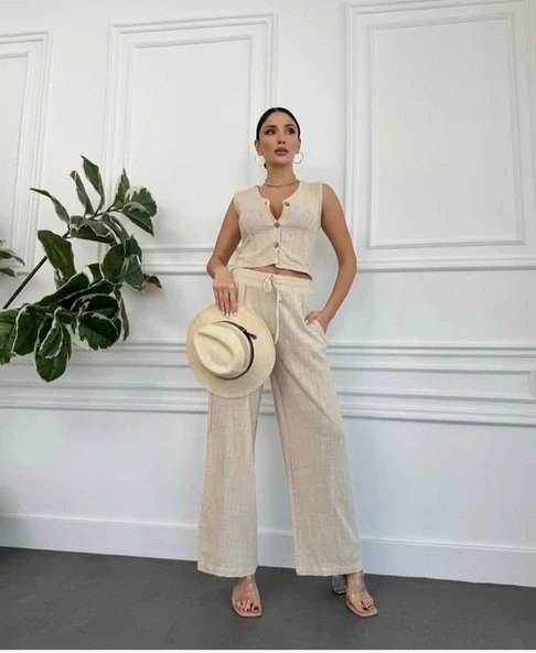 Kadın Keten Yelek Ve Pantolon Takım - 3