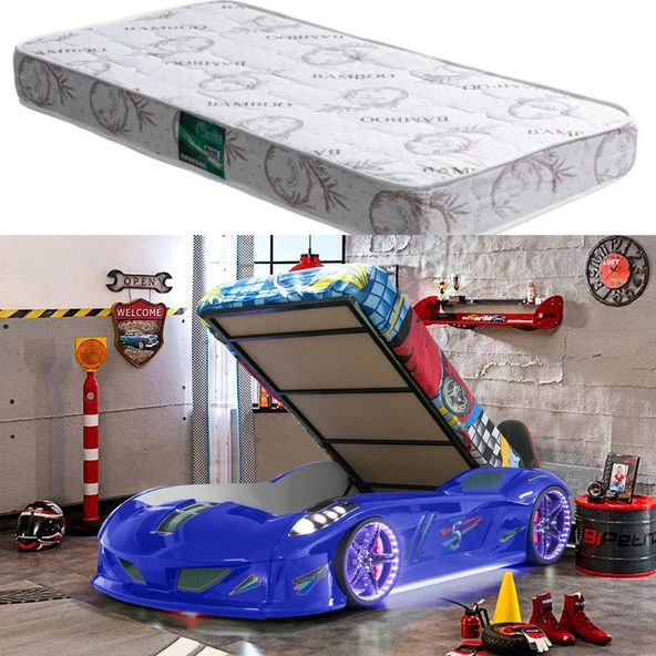 Arabalı Yatak, Jaguar Bazalı Koltuklu Full Ledli Arabalı Yatak - Mavi 1 Adet Comfort Yatak