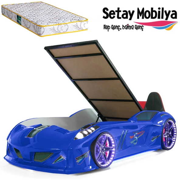 Arabalı Yatak, Jaguar Bazalı Koltuklu Full Ledli Arabalı Yatak - Mavi