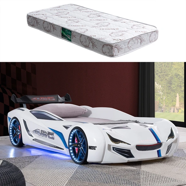 Arabalı Yatak, Mercedes Rüzgarlıklı Full Ledli Arabalı Yatak - Beyaz 1 Adet Comfort Yatak