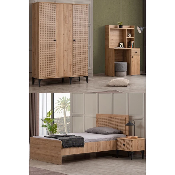 Rustik Genç Odası - 3 Kapılı Dolap, Karyola, Komodin, Çalışma Masası