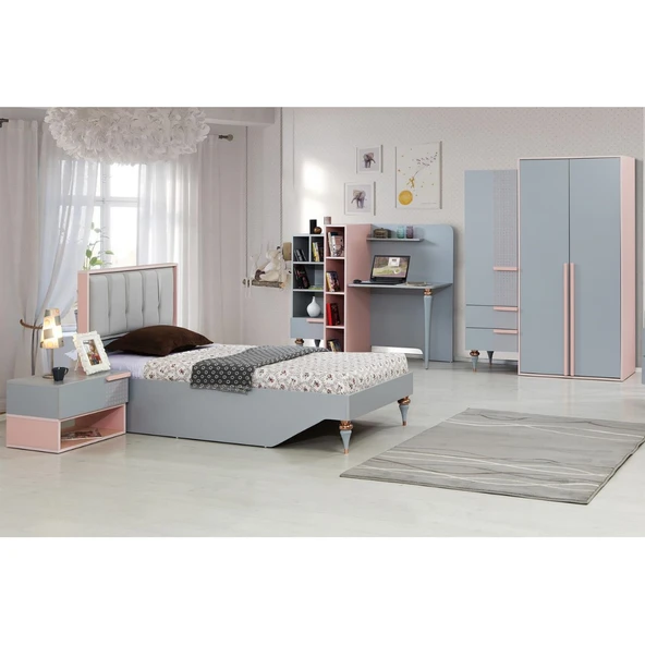 Point Genç Odası - 3 Kapılı Dolap, Karyola, Komodin, Masa - Pembe