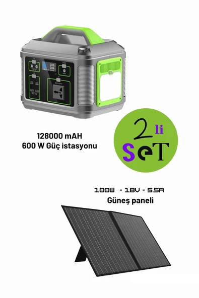 128.000 mAh 600 Watt Güç İstasyonu ve 100 Watt 18 Volt 5.5 Amper Güneş Paneli Tam Uyumlu İkili Set