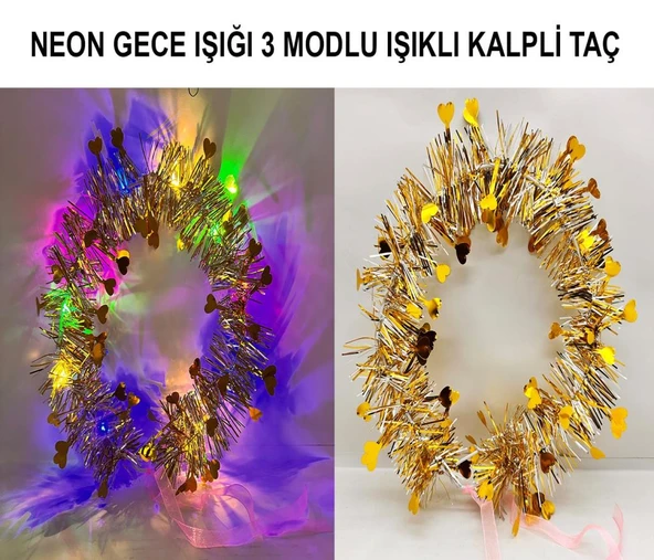 Kalp Püsküllü Gece Parıltısı 3 Modlu LED'li Işıklı Taç Altın Renk