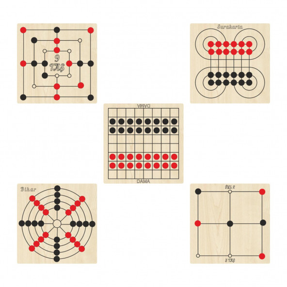 Ahşap Zeka ve Strateji Oyunu Seti 5li, Dama, 3 Taş, 9 Taş, Bihar ve Surakarta