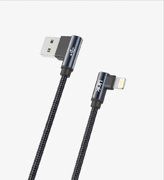 Link Tech K593 Gaming 90° Derece Metalik Başlıklı 1500mm 3A Örgülü Lightning Şarj Kablosu