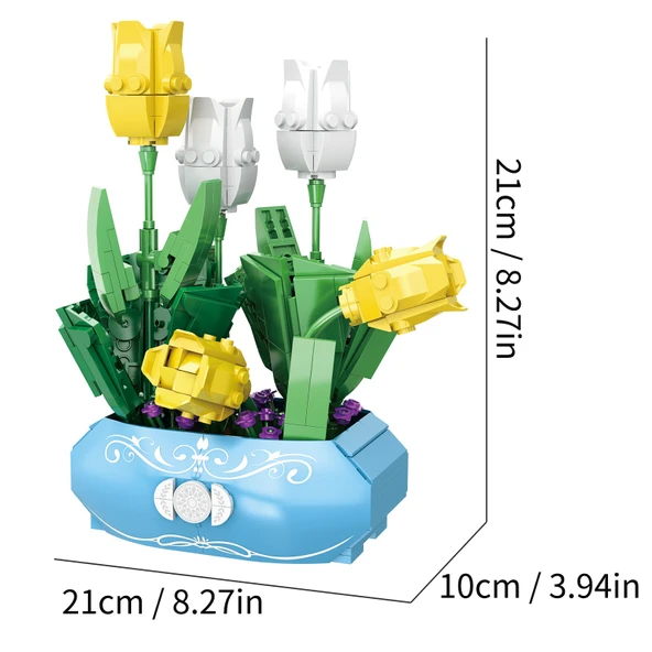 Gerçekçi Yapı Taşı Çiçek Saksı Bitki Model Masa Süsü (21cm x 10cm) - 3