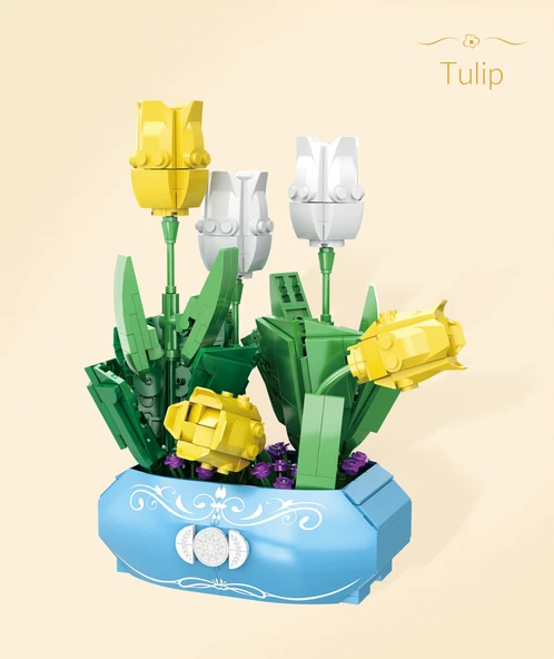 Gerçekçi Yapı Taşı Çiçek Saksı Bitki Model Masa Süsü (21cm x 10cm)