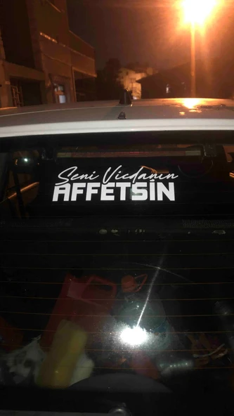 Seni Vicdanın Affetsin Yazı JDM Araba-Motosiklet Cam Etiket Sticker 24x8,4cm Beyaz Renk - 3