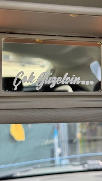 Çok Güzelsin Güneşlik Ayna Yazısı Araba-Motosiklet Cam Etiket Sticker 8x2cm Beyaz Renk