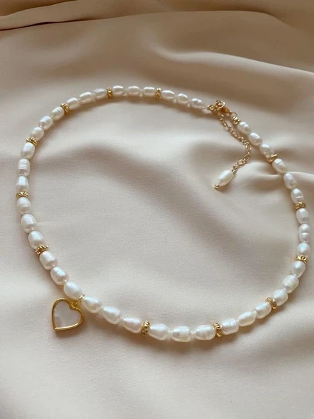 Vip Tasarım Gerçek İnci Sedef Kalpli Kolye Altın Kaplama ürün görseli