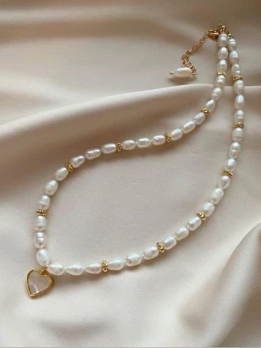 Vip Tasarım Gerçek İnci Sedef Kalpli Kolye Altın Kaplama - Resim 3