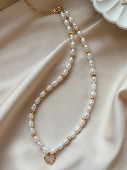 Vip Tasarım Gerçek İnci Sedef Kalpli Kolye Altın Kaplama - Resim 2