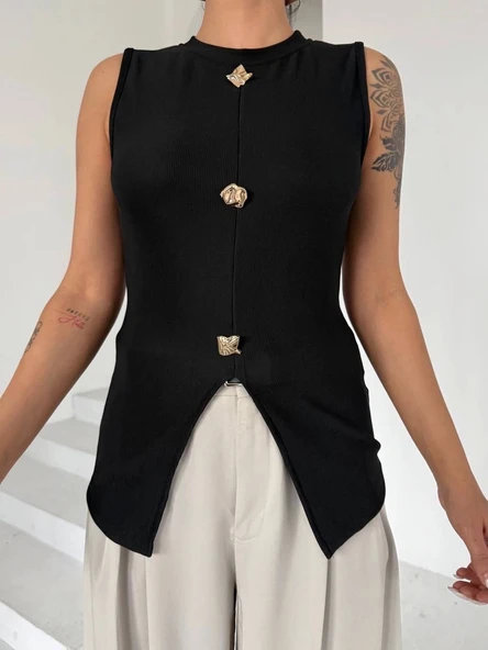 Kadın siyah bisiklet yaka gold düğmeli ottoman bluz s2310 - 5