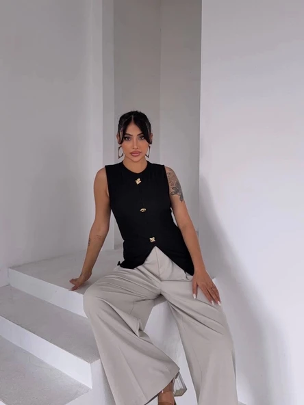 Kadın siyah bisiklet yaka gold düğmeli ottoman bluz s2310 - 4