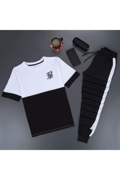 Fs Baskılı Siyah Eşofman Takımı Beyaz Şerit - Resim 2