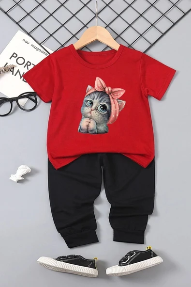 Çocuk Sevimli Kedi Alt - Üst Eşofman Takımı - Resim 4