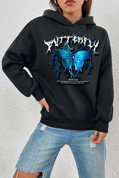 Blue Butterfly Baskılı Sweatshirt - Resim 10
