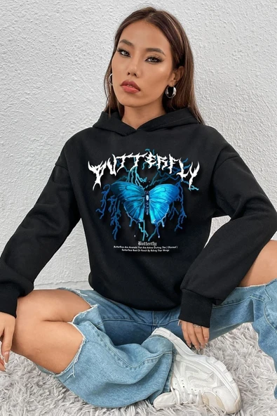 Blue Butterfly Baskılı Sweatshirt - Resim 8