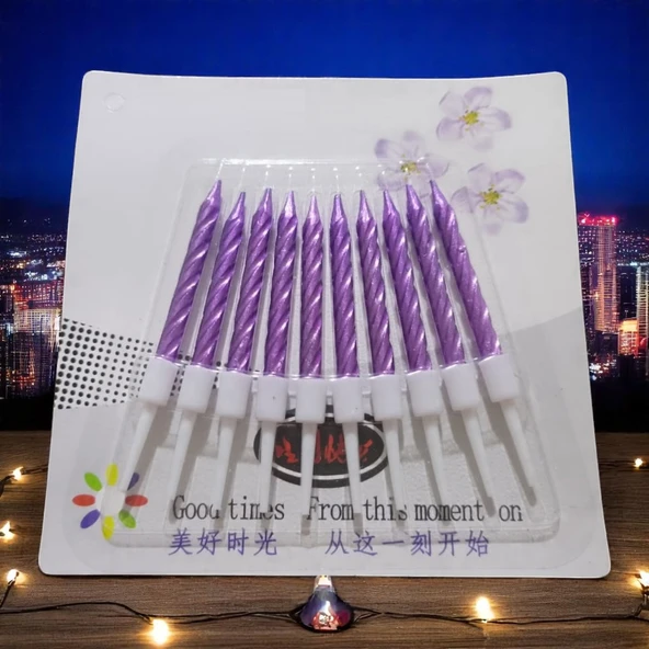 10 ADET MOR YÜKSEK KALİTE KIVRIMLI METALİK MOR MUM 8 CM MOR PASTA MUMU PARLAK MOR DOĞUM GÜNÜ MUMU