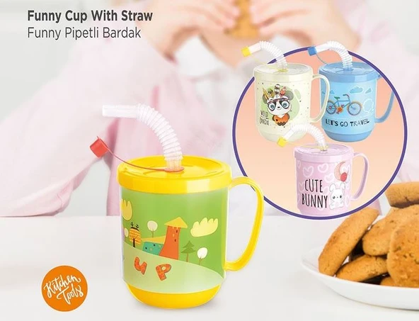 3 Adet pipetli Çocuk Içecek Bardağı Desenli Bardak 350ml